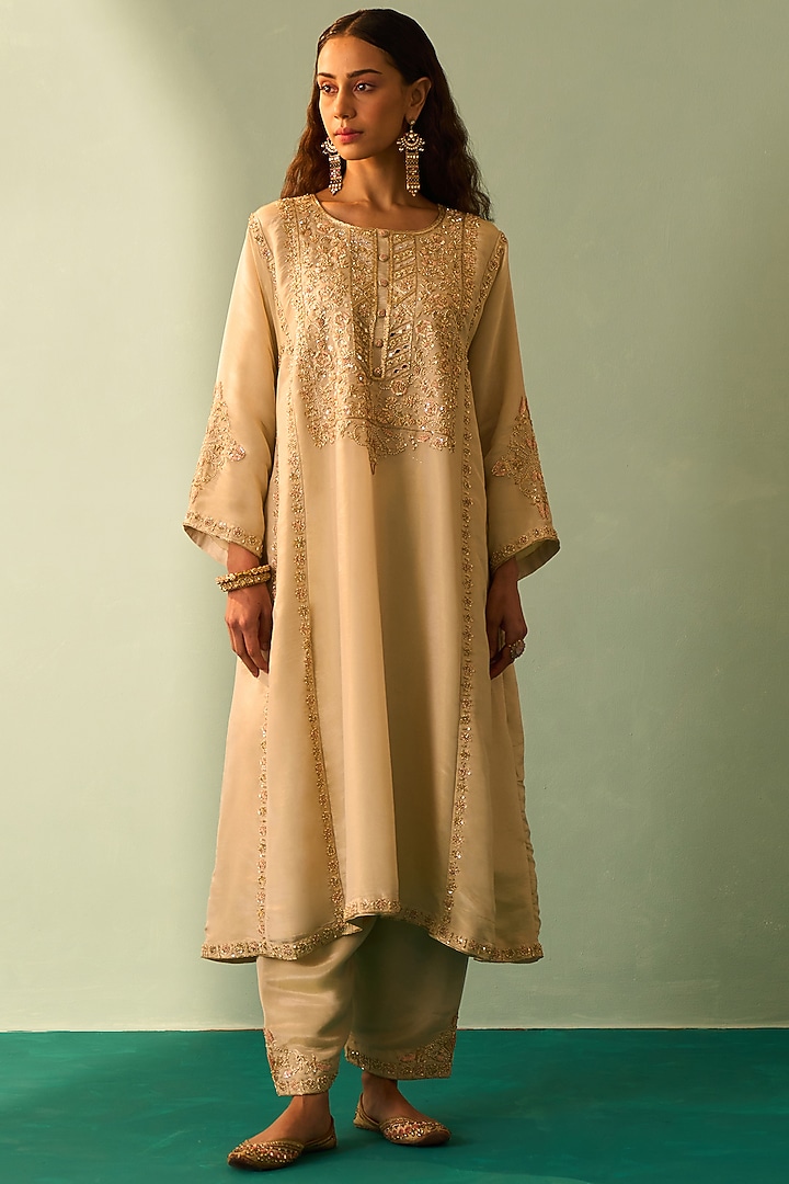 Gold Tissue Embroidered Choga Set by Angad Singh at Pernia's Pop Up Shop