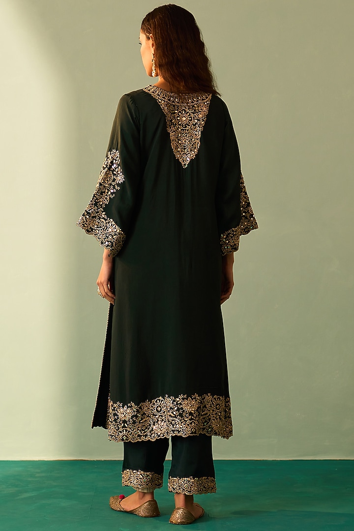 Green Silk Embroidered Choga Set by Angad Singh at Pernia's Pop Up Shop