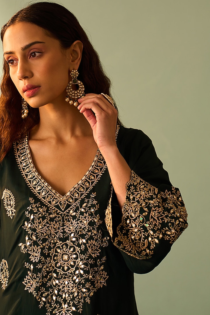 Green Silk Embroidered Choga Set by Angad Singh at Pernia's Pop Up Shop