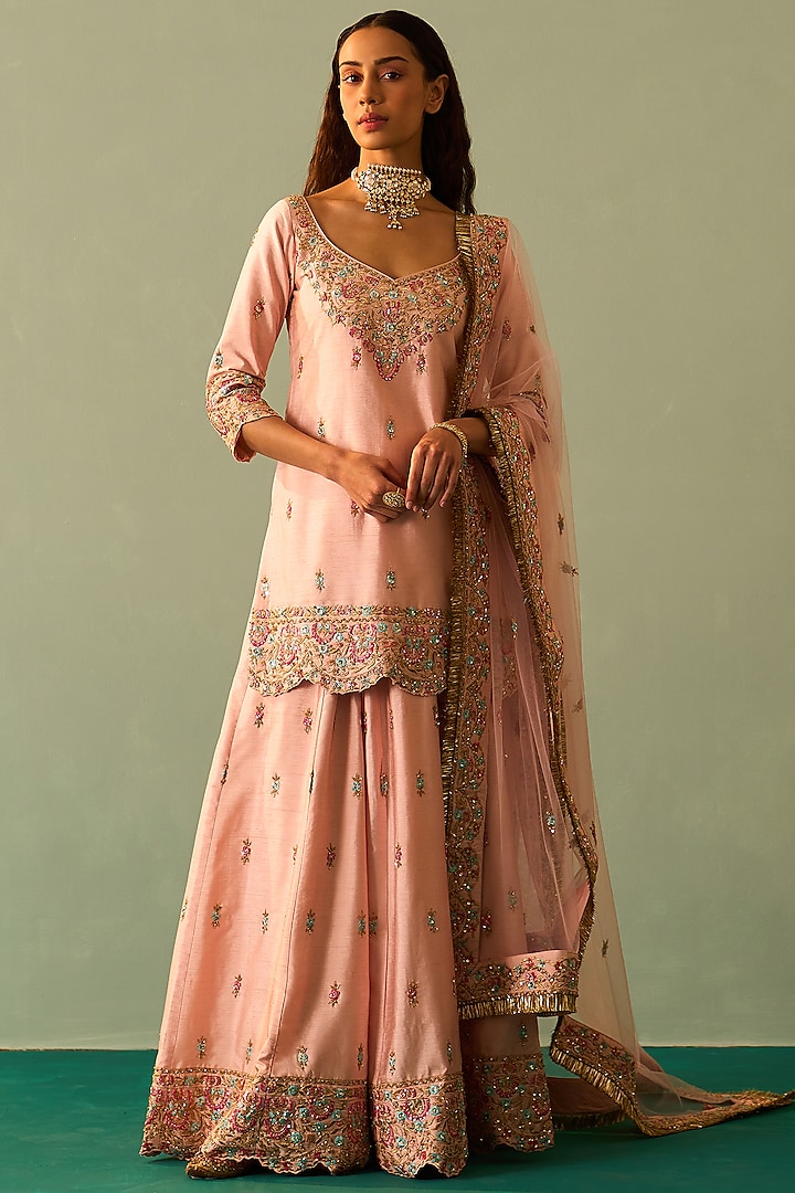 Pink Silk Embroidered Sharara Set by Angad Singh