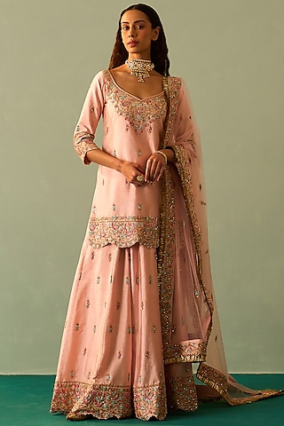 Pink Silk Embroidered Sharara Set by Angad Singh