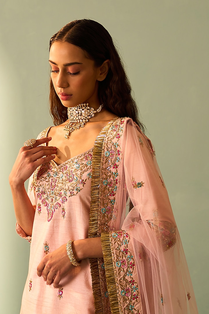 Pink Silk Embroidered Bridal Sharara Set by Angad Singh at Pernia's Pop Up Shop