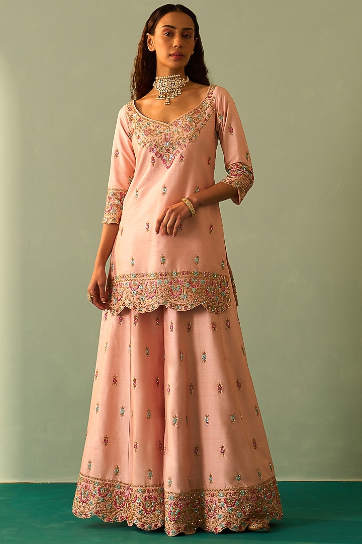 Pink Silk Embroidered Bridal Sharara Set by Angad Singh at Pernia's Pop Up Shop