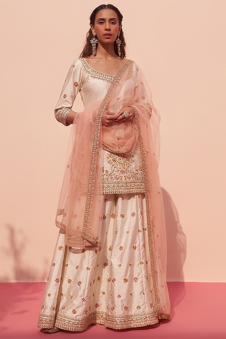 Ivory Silk Embroidered Sharara Set by Angad Singh