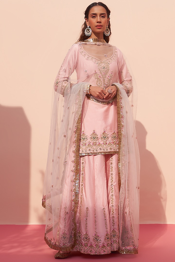 Pink Raw Silk Embroidered Sharara Set by Angad Singh