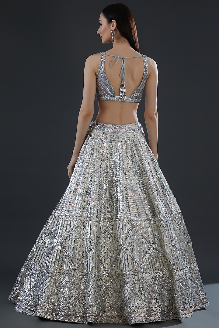 Steel Grey Net Embroidered Bridal Lehenga Set by Angad Singh at Pernia's Pop Up Shop