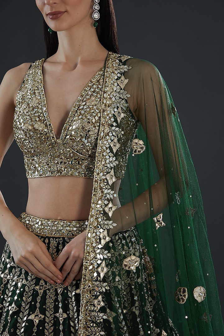 Emerald Green Organza Embroidered Bridal Lehenga Set by Angad Singh at Pernia's Pop Up Shop