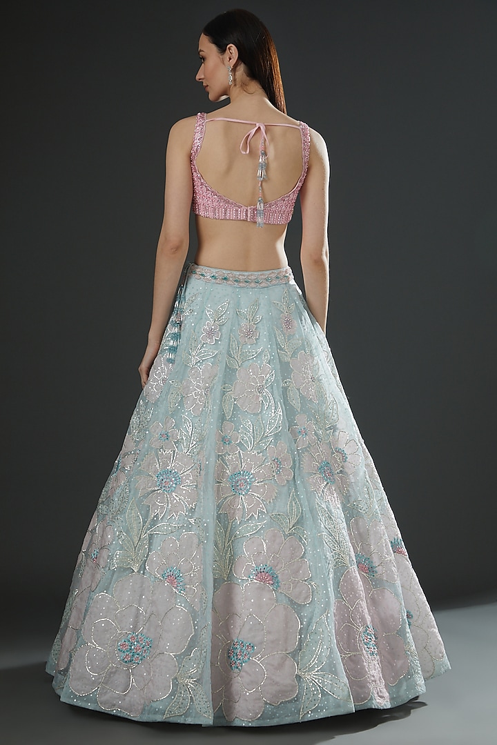 Sea Blue & Blush Pink Net Zardosi Embroidered Wedding Lehenga Set by Angad Singh at Pernia's Pop Up Shop