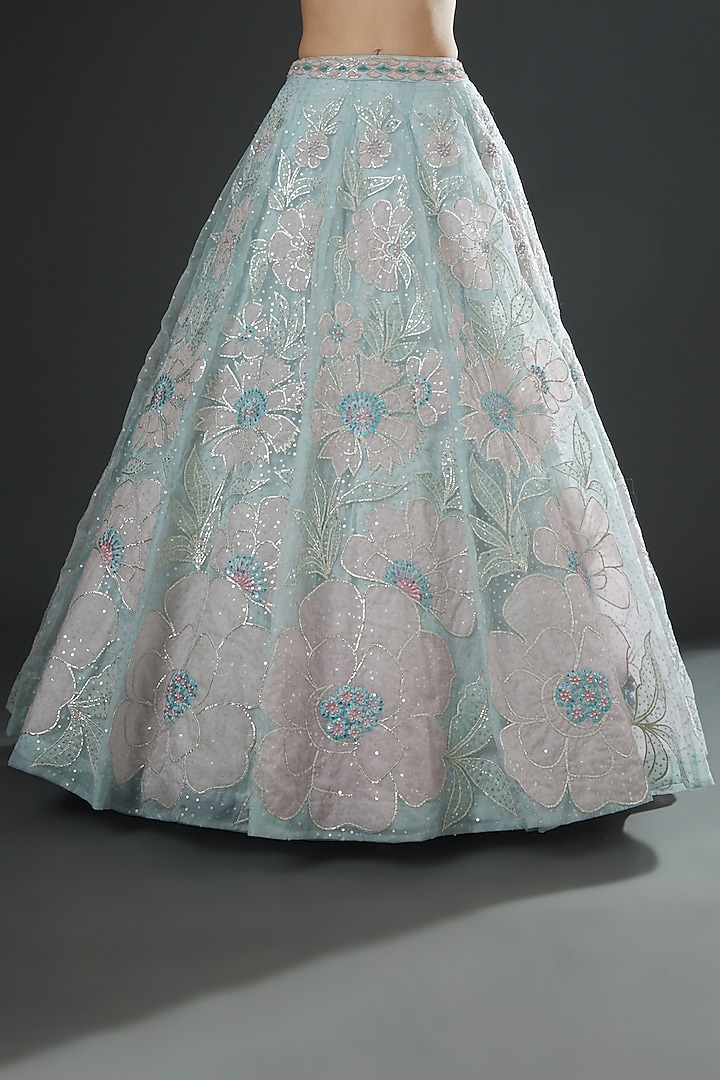Sea Blue & Blush Pink Net Zardosi Embroidered Wedding Lehenga Set by Angad Singh at Pernia's Pop Up Shop