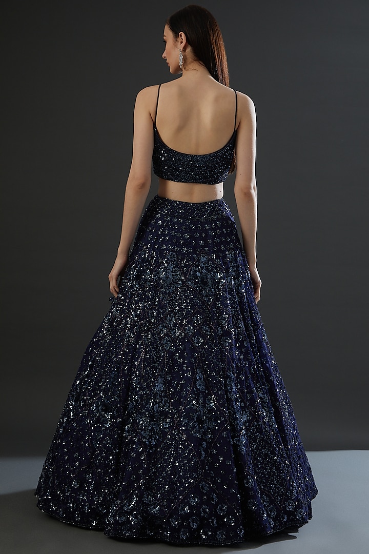 Midnight Blue Organza Embroidered Wedding Lehenga Set By Angad Singh At