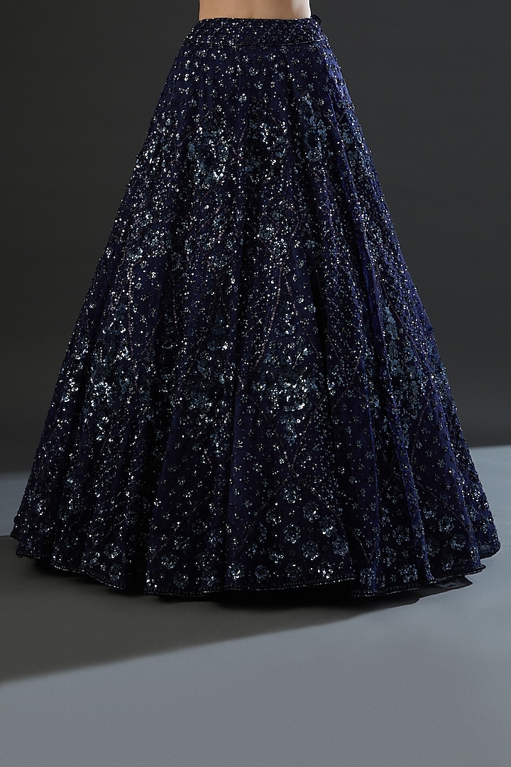 Midnight Blue Organza Embroidered Bridal Lehenga Set by Angad Singh at Pernia's Pop Up Shop