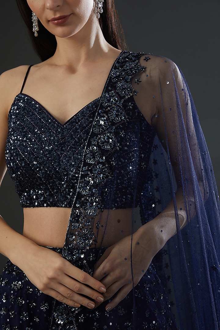 Midnight Blue Organza Embroidered Bridal Lehenga Set by Angad Singh at Pernia's Pop Up Shop