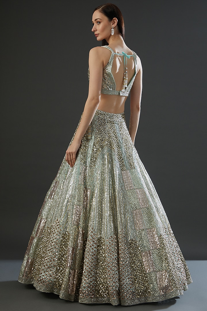 Mint Metallic Organza Embroidered Bridal Lehenga Set by Angad Singh at Pernia's Pop Up Shop