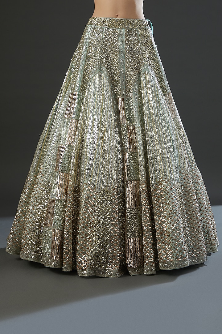 Mint Metallic Organza Embroidered Bridal Lehenga Set by Angad Singh at Pernia's Pop Up Shop