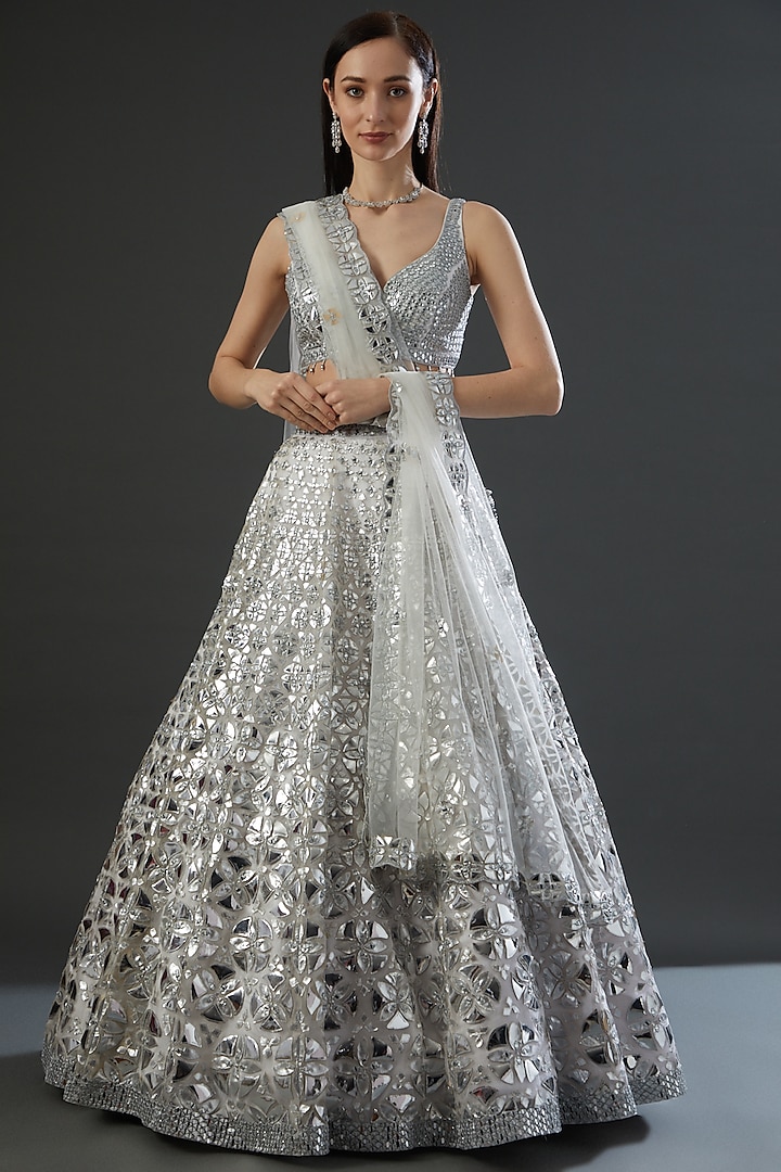 Silver Organza Embroidered Lehenga Set by Angad Singh