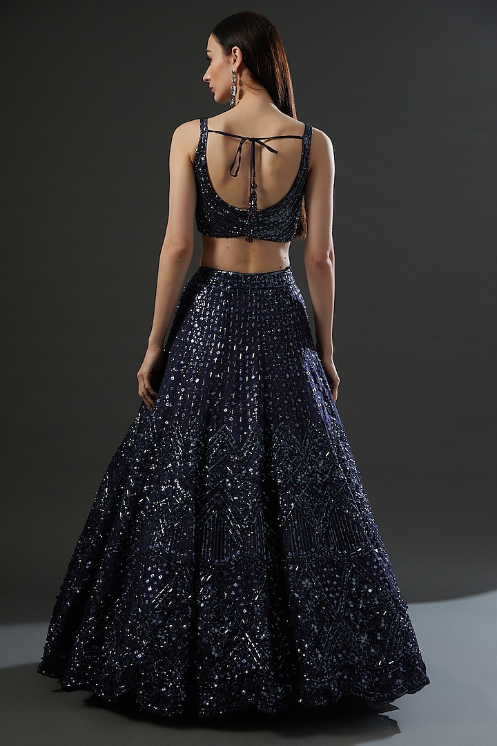 Midnight Blue Organza Hand Embroidered Wedding Lehenga Set by Angad Singh at Pernia's Pop Up Shop