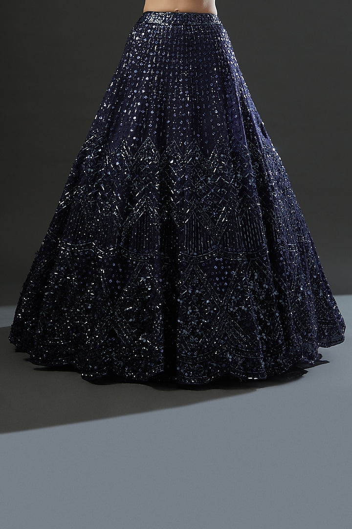 Midnight Blue Organza Hand Embroidered Wedding Lehenga Set by Angad Singh at Pernia's Pop Up Shop