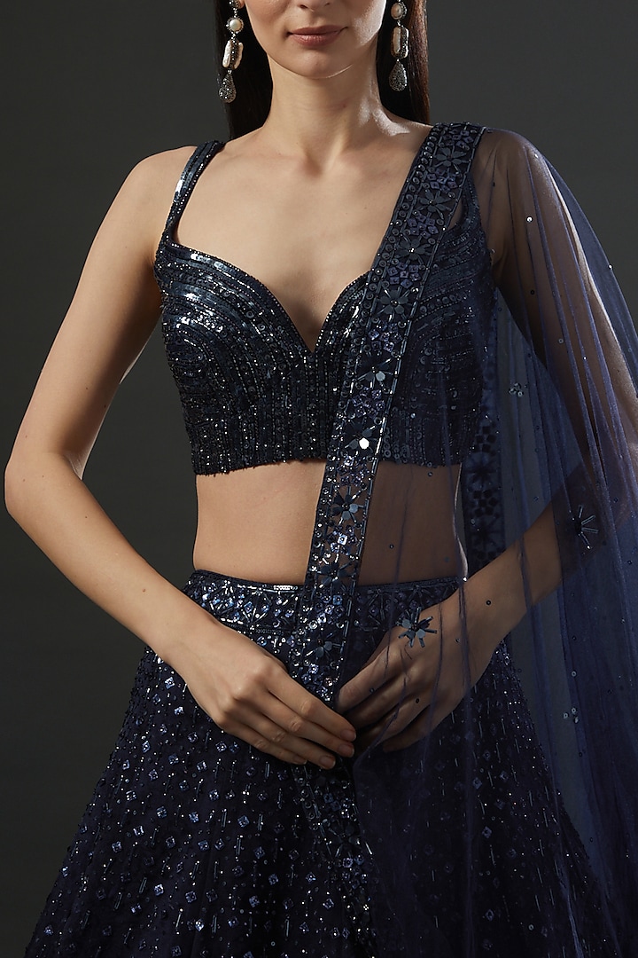 Midnight Blue Organza Hand Embroidered Wedding Lehenga Set by Angad Singh at Pernia's Pop Up Shop