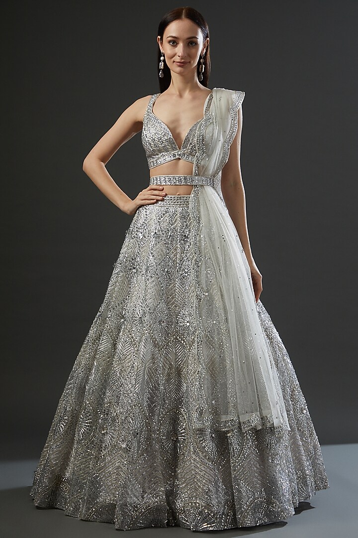 Steel Grey Organza Embroidered Bridal Lehenga Set by Angad Singh at Pernia's Pop Up Shop