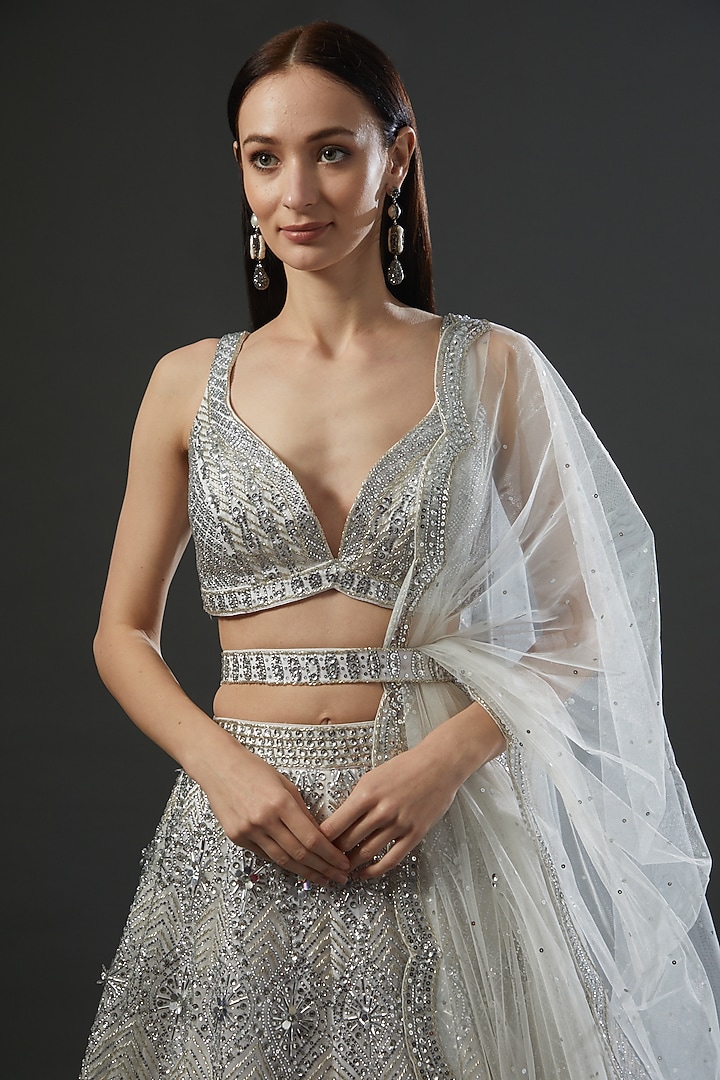 Steel Grey Organza Embroidered Bridal Lehenga Set by Angad Singh at Pernia's Pop Up Shop