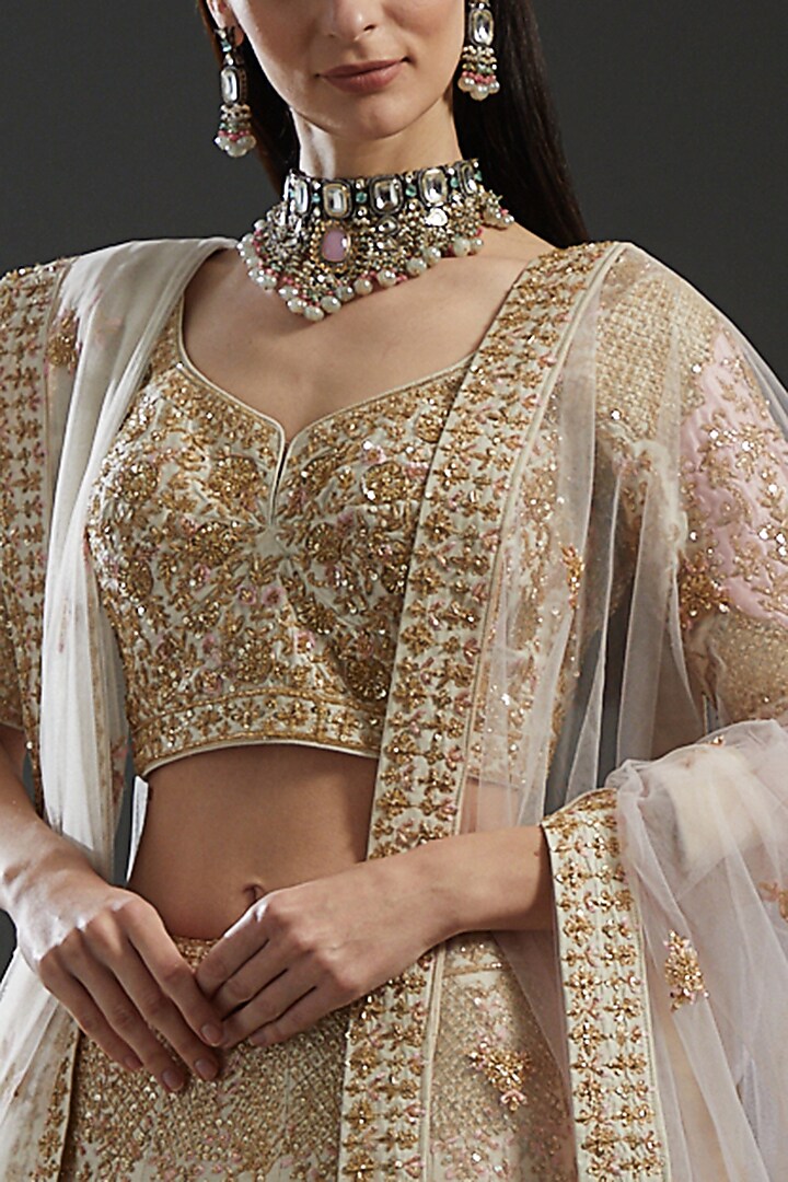 Ivory Raw Silk Thread Embroidered Wedding Lehenga Set by Angad Singh at Pernia's Pop Up Shop
