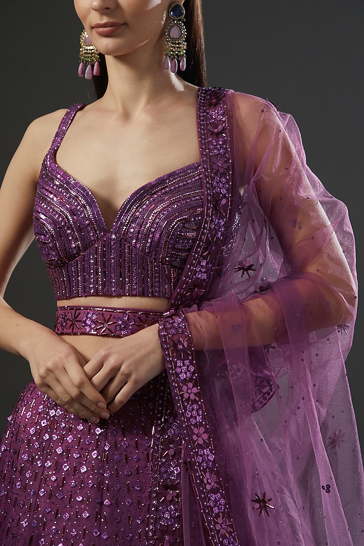 Wine Organza Embroidered Wedding Lehenga Set by Angad Singh at Pernia's Pop Up Shop