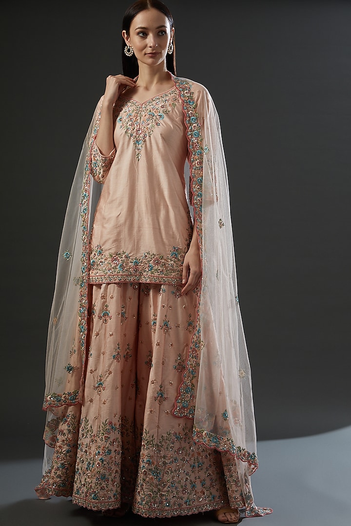 Blush Pink Raw Silk Embroidered Sharara Set by Angad Singh at Pernia's Pop Up Shop