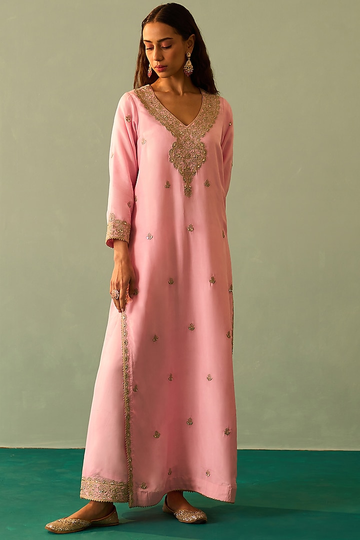 Blush Pink Silk Embroidered Kurta Set by Angad Singh