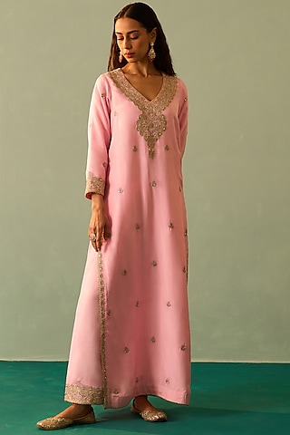 Blush Pink Silk Embroidered Kurta Set by Angad Singh