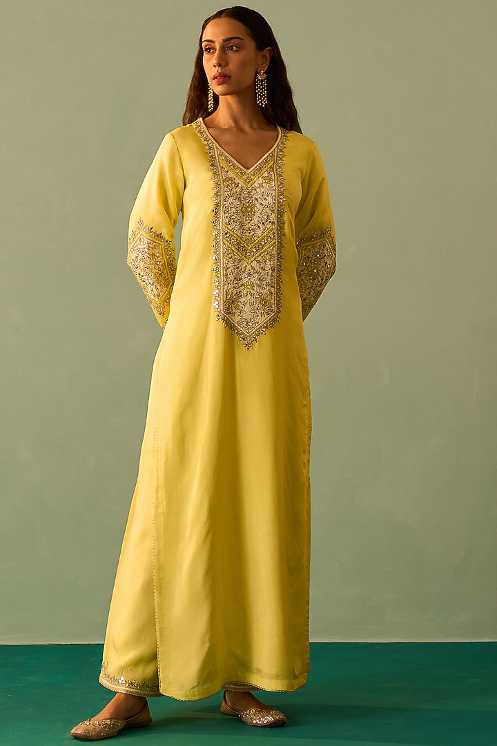 Yellow Silk Embroidered Kurta Set by Angad Singh at Pernia's Pop Up Shop