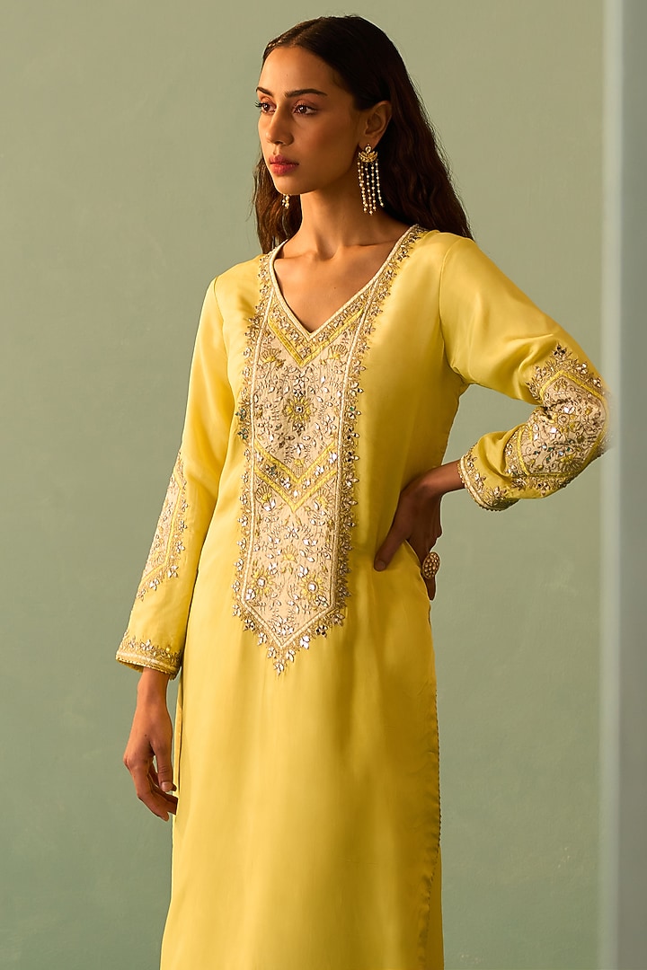 Yellow Silk Embroidered Kurta Set by Angad Singh at Pernia's Pop Up Shop