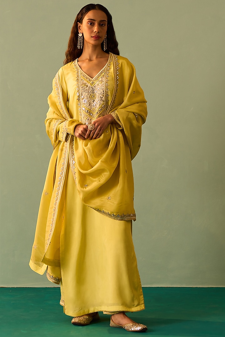 Yellow Silk Embroidered Kurta Set by Angad Singh