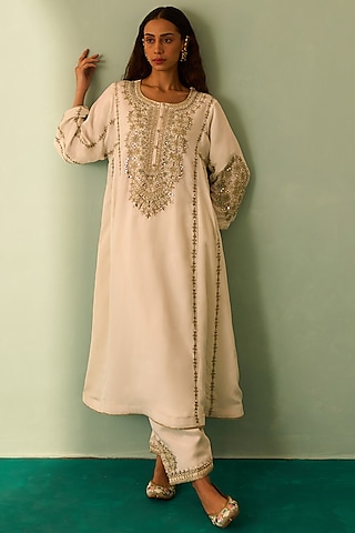 Ivory Silk Embroidered Choga Set by Angad Singh