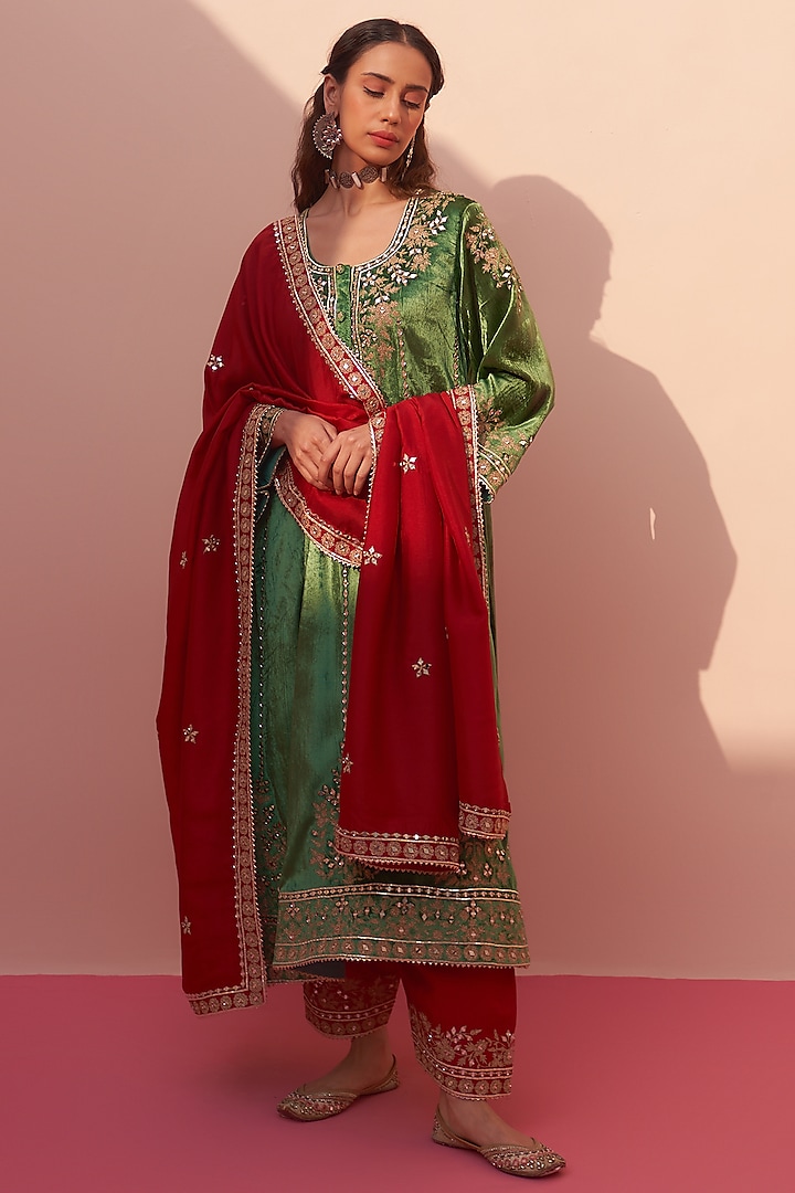 Green Velvet Embroidered Choga Set by Angad Singh