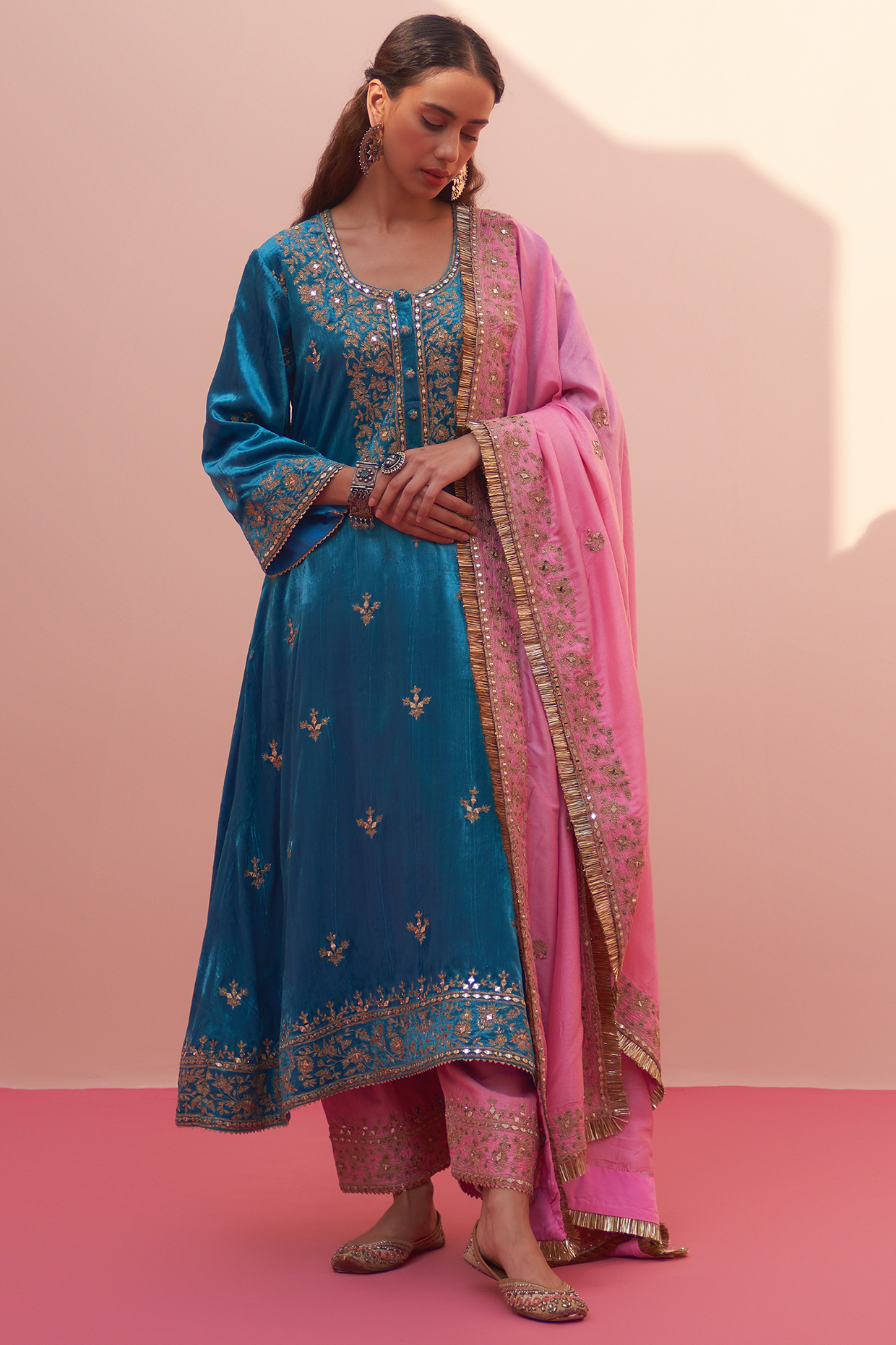 Firozi Velvet Embroidered Choga Set by Angad Singh at Pernia's Pop Up Shop
