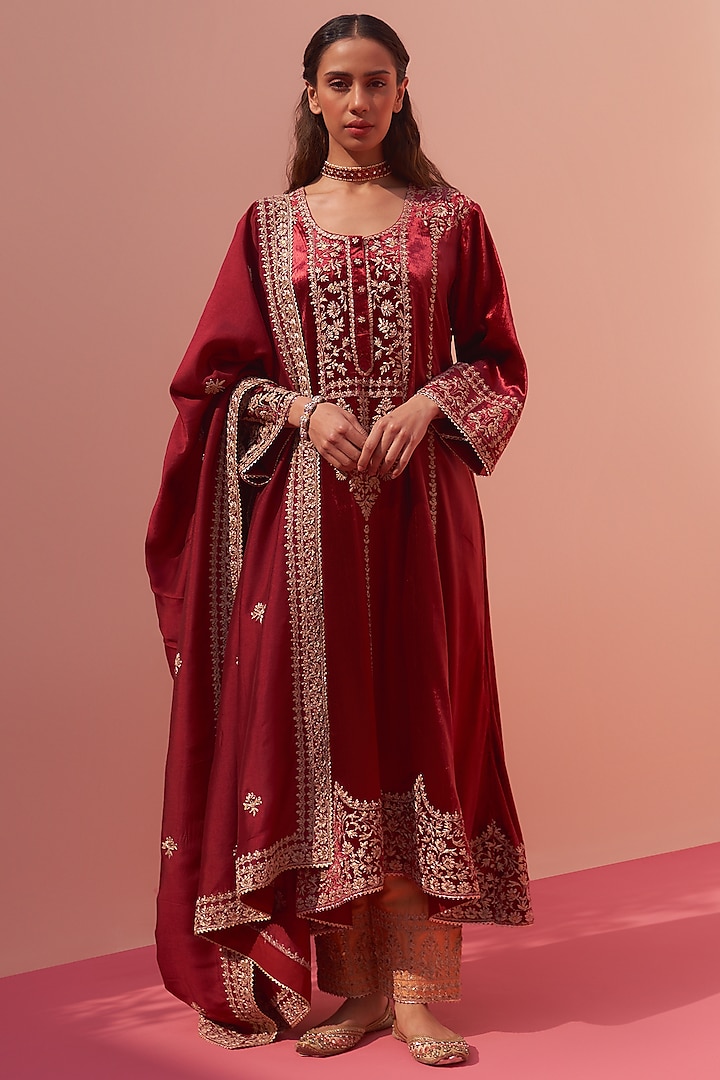 Maroon Velvet Embroidered Choga Set by Angad Singh