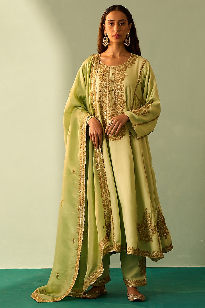 Green Tissue Embroidered Choga Set by Angad Singh