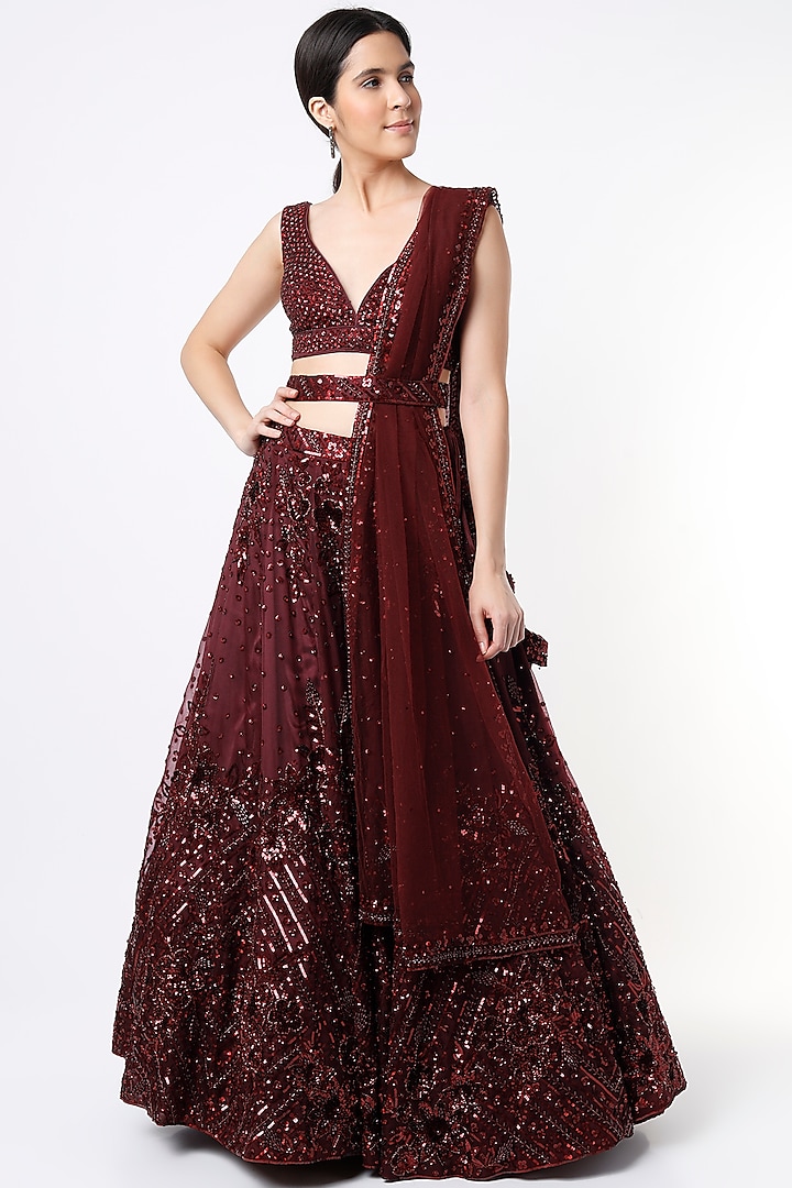 Burgundy Embroidered Lehenga Set by The Indian bridal company