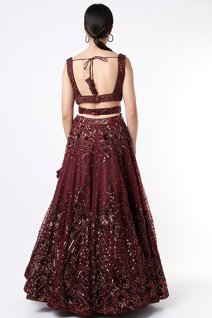Burgundy Organza Embroidered Wedding Lehenga Set by Angad Singh at Pernia's Pop Up Shop
