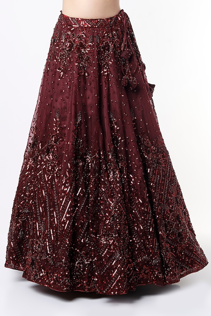 Burgundy Organza Embroidered Wedding Lehenga Set by Angad Singh at Pernia's Pop Up Shop
