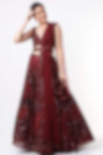 Burgundy Net Embroidered Wedding Lehenga Set by Angad Singh at Pernia's Pop Up Shop