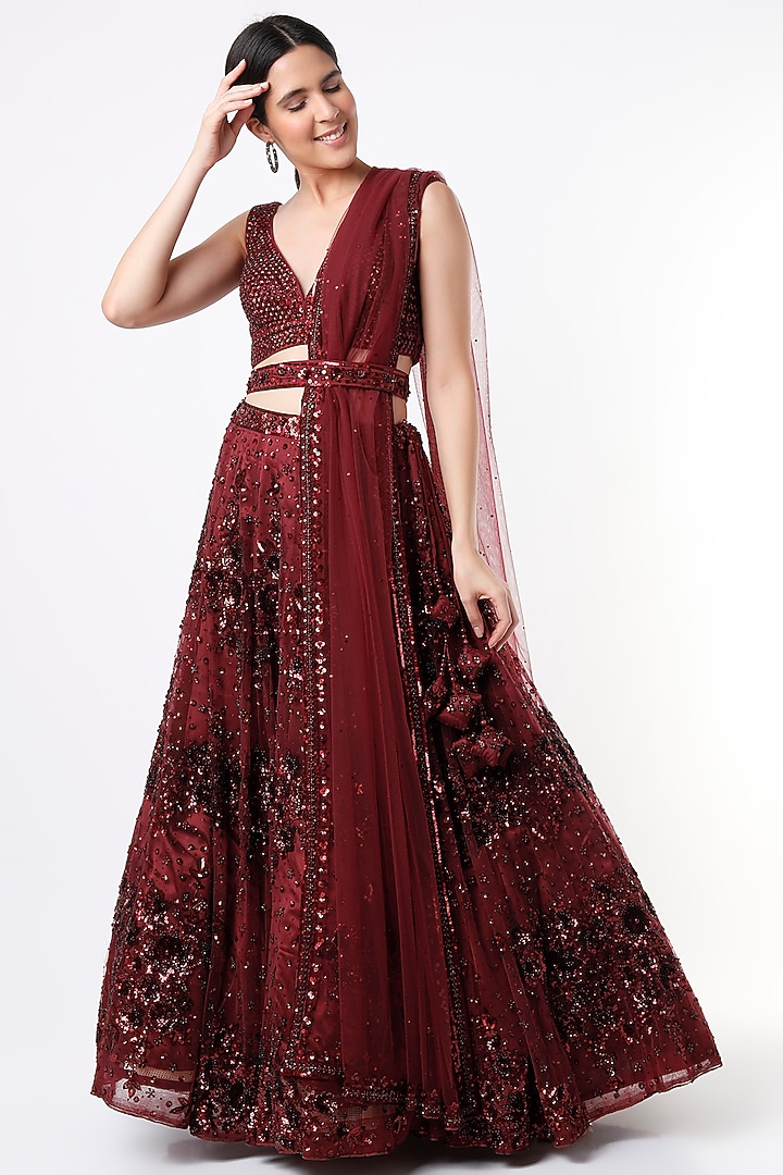 Burgundy Net Embroidered Wedding Lehenga Set by Angad Singh at Pernia's Pop Up Shop