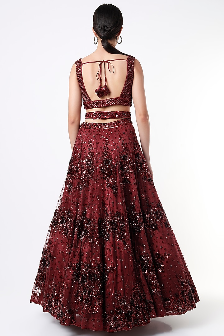 Burgundy Net Embroidered Wedding Lehenga Set by Angad Singh at Pernia's Pop Up Shop