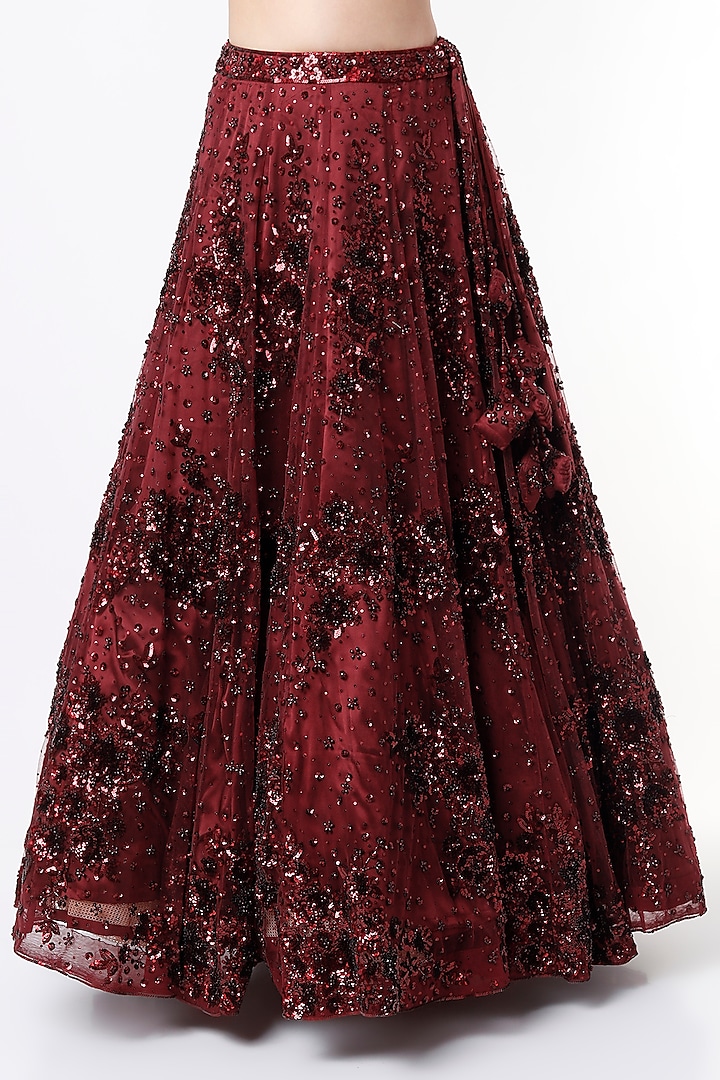 Burgundy Net Embroidered Wedding Lehenga Set by Angad Singh at Pernia's Pop Up Shop