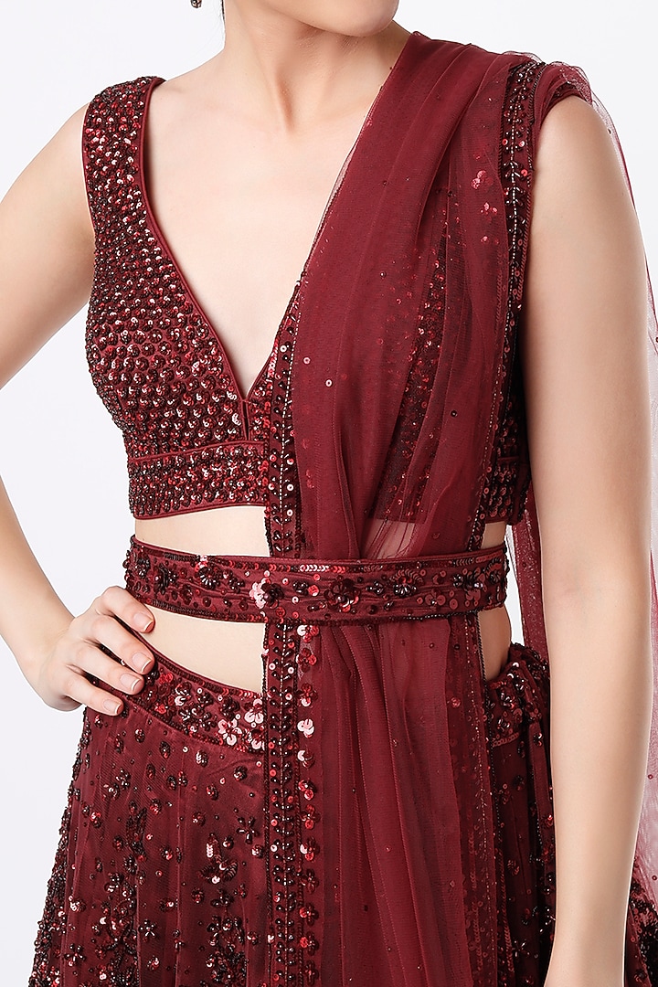 Burgundy Net Embroidered Wedding Lehenga Set by Angad Singh at Pernia's Pop Up Shop