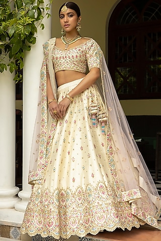 Ivory Raw Silk Embroidered Lehenga Set by Angad Singh