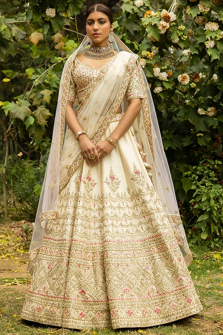 White Raw Silk Embroidered Wedding Lehenga Set by Angad Singh at Pernia's Pop Up Shop
