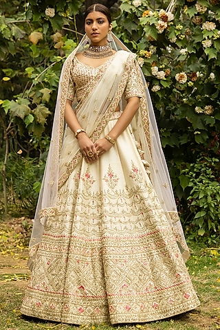 White Raw Silk Embroidered Lehenga Set by Angad Singh