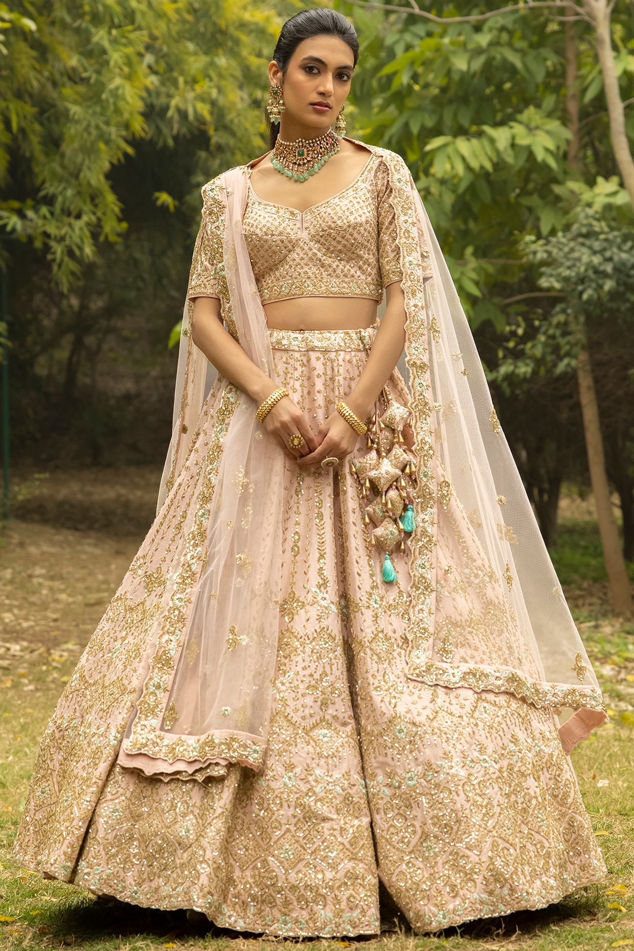 Buy Beige Organza/tulle Embroidered Beads Floral Vine Bridal Lehenga Set  For Women by Kaaisha by Shalini Online at Aza Fashions.