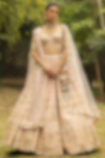 Canyon Peach Raw Silk Embroidered Bridal Lehenga Set by Angad Singh at Pernia's Pop Up Shop